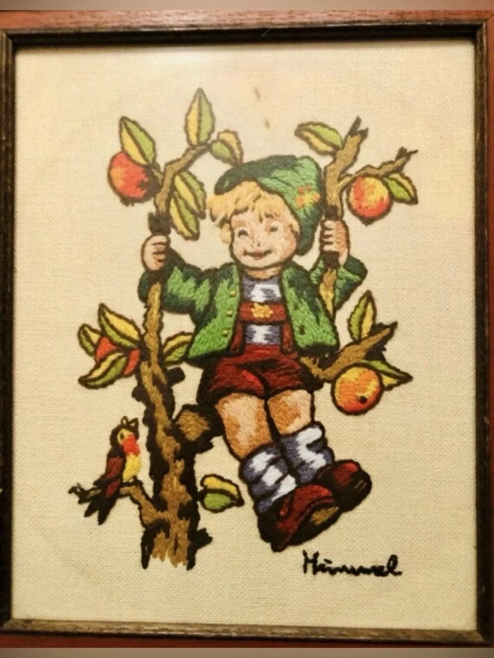 2 Vintage Hummel Crewel Art 70s Children in Trees Grannycore Country